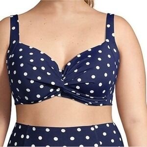 Lands' End Women's 20W Navy White Polka Dot Retro Twist Front Underwire Swim Top